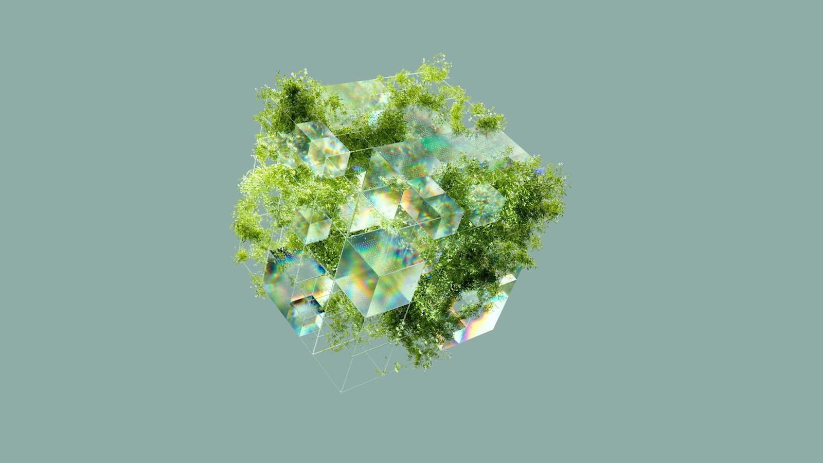A visual representation of AI in the form of a cube. Greenery extends out of each side.