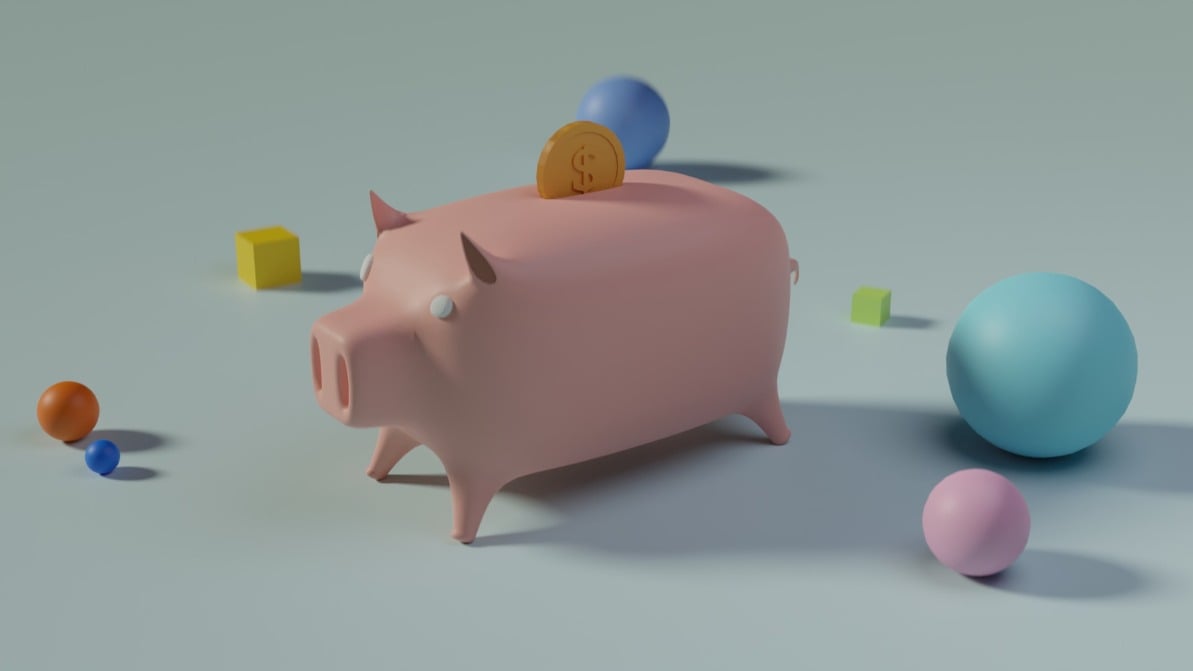 Rendering of a coin dropping into a pink piggy bank, signifying your brand's opportunity to earn revenue in web3.