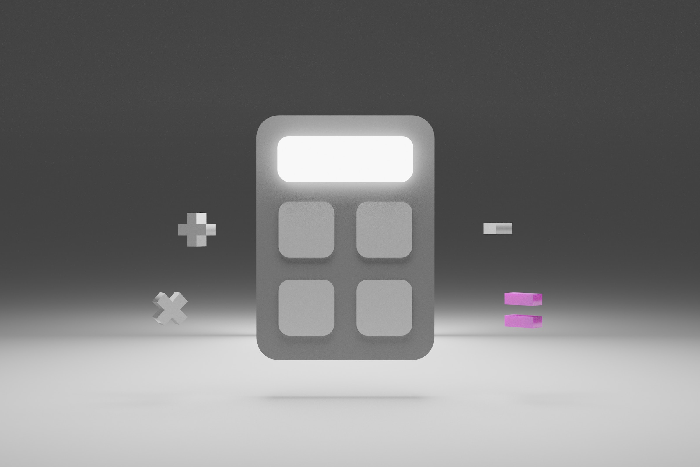 Rendering of a standard calculator with a floating plus sign, multiply sign, minus sign, and equal sign, representing the multitudes of fans who want to engage in your web3 community