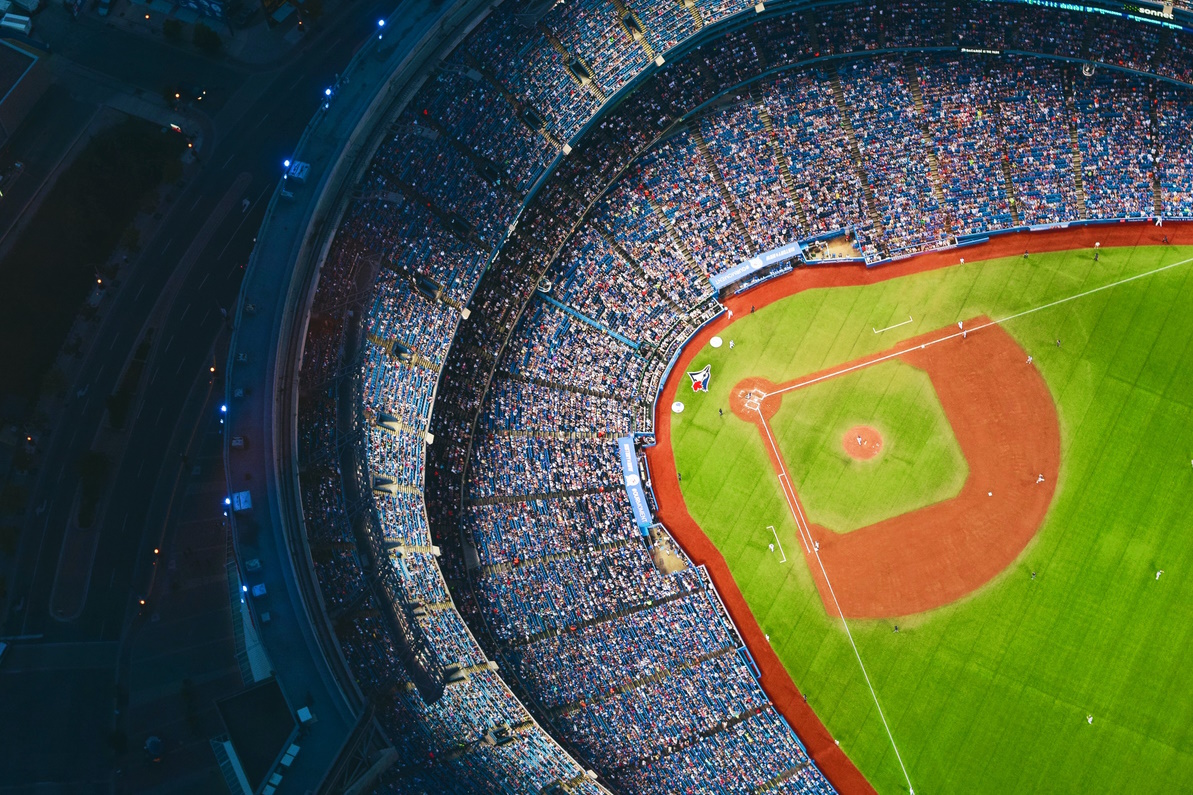 Aerial photo of a night game at the Toronto Blue Jays stadium.
